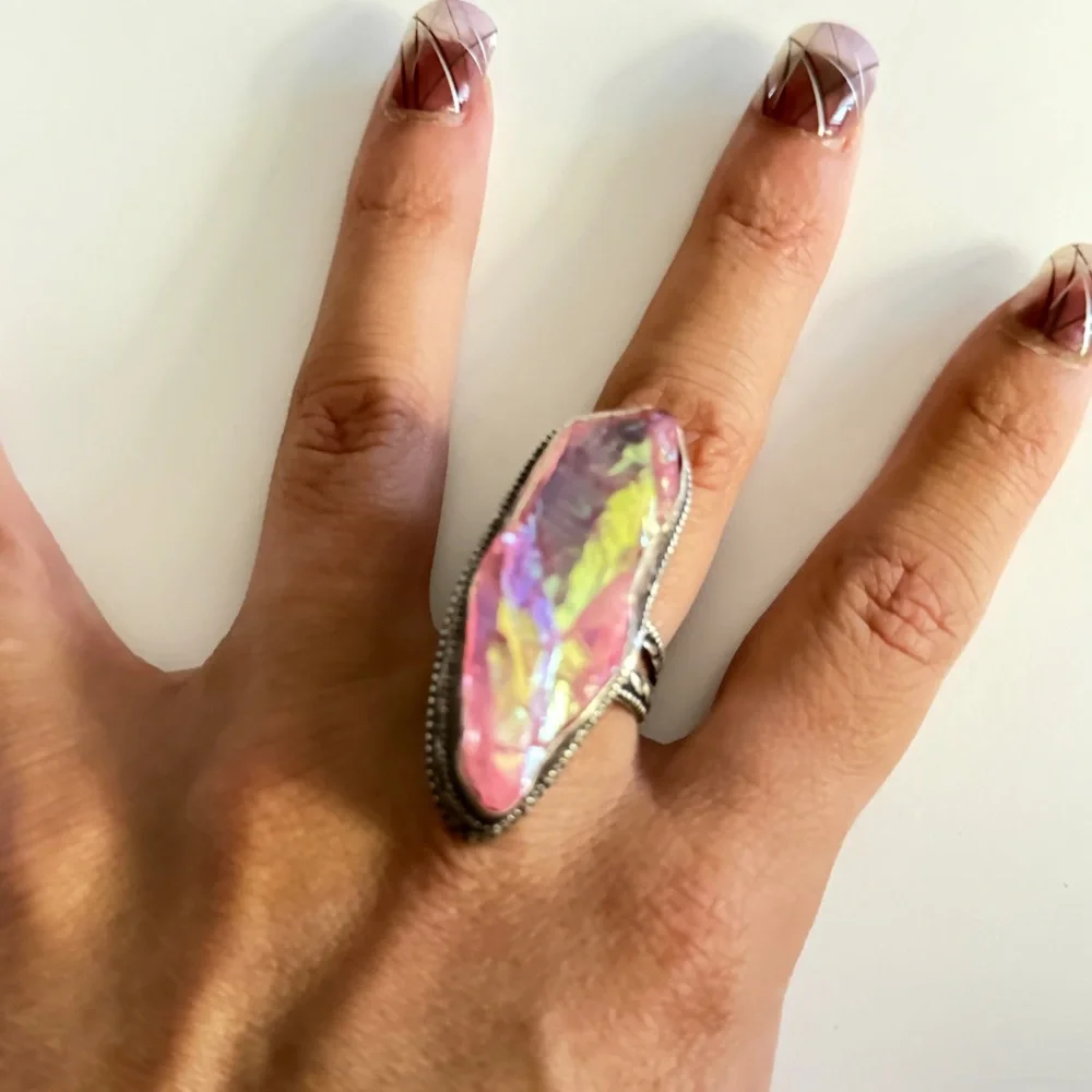 New Artesian Angel Aura Quartz Statement Ring 925 Sterling Silver (Stamped)